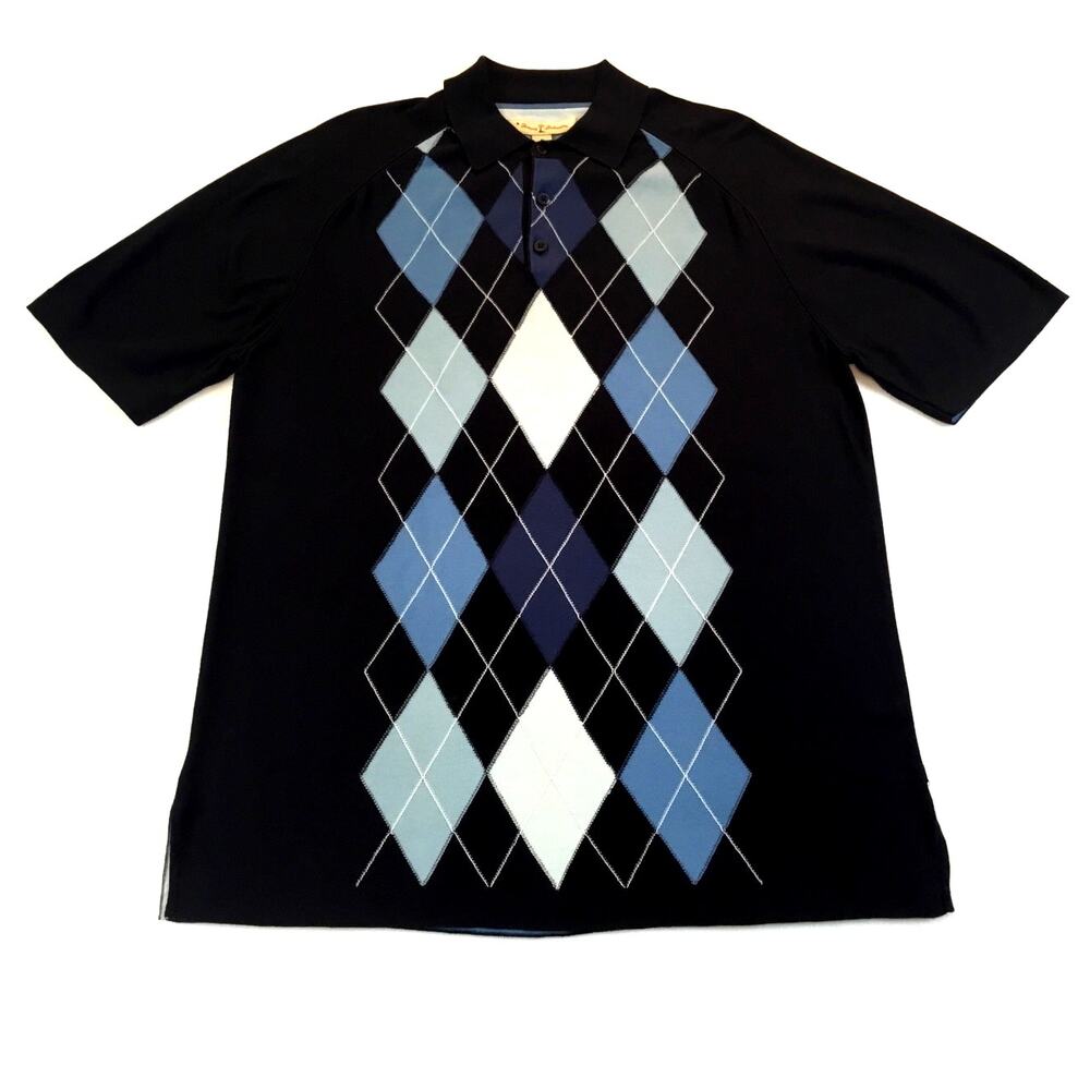 Tommy Bahama Knit Polo Shirt Navy Blue Diamond Pattern Med
